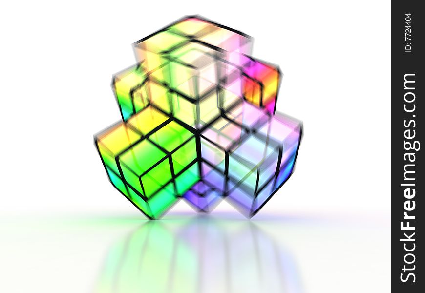 3D crossed colorful structure made of transparent cubes in motion with reflection on white background