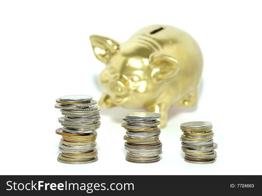 Piggy bank  isolated on white background with coins. Piggy bank  isolated on white background with coins