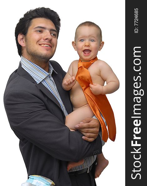 Young man holding his baby, isolated against a white background. Young man holding his baby, isolated against a white background