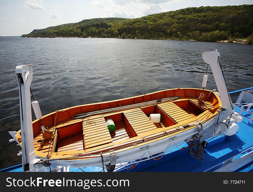 Boat on ship on river Dnieper in Ukraine