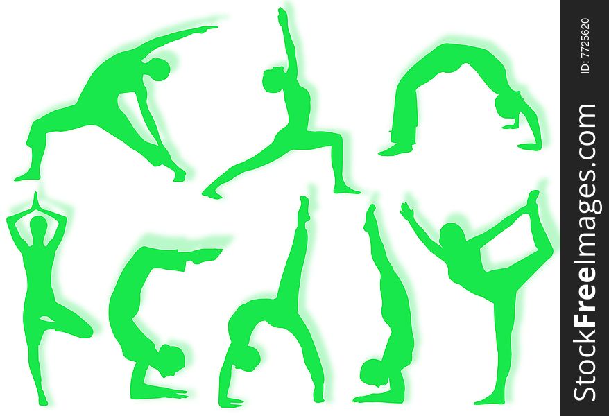 Yoga silhouettes in different poses and attitudes