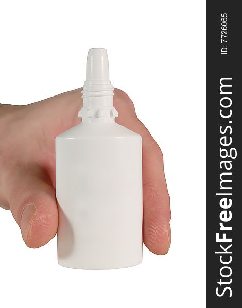 Hand holding a nasal spray container (isolated on white). Hand holding a nasal spray container (isolated on white)