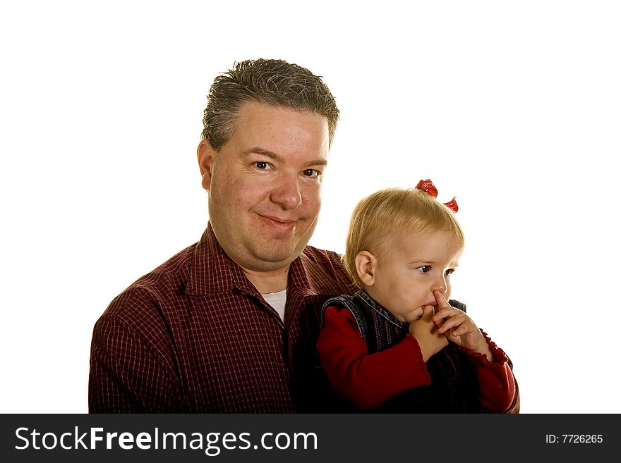 A proud father holding his young daughter on white background. A proud father holding his young daughter on white background