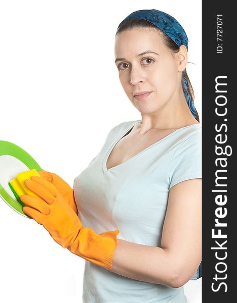 A woman in domestic household role washing dishes on a white background