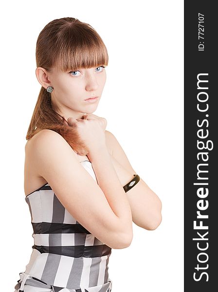 Young girl is holding her hands together on white background