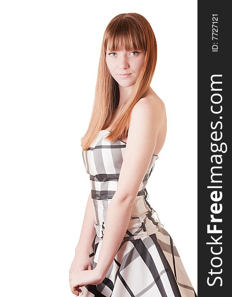 Young girl in chequered dress on white background. Young girl in chequered dress on white background