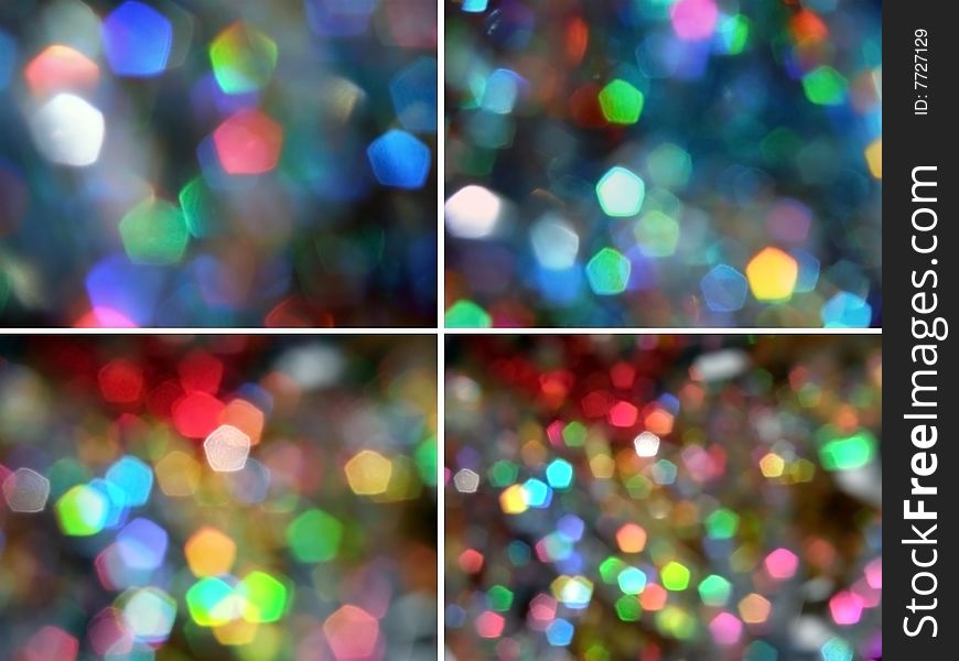 A collage made from four distinct photos of an over-zoomed Christmas garland tinsel. Each light sparkle is pentagon shaped because of the lenses and it is reflecting a different frequency of the light spectrum. A collage made from four distinct photos of an over-zoomed Christmas garland tinsel. Each light sparkle is pentagon shaped because of the lenses and it is reflecting a different frequency of the light spectrum.