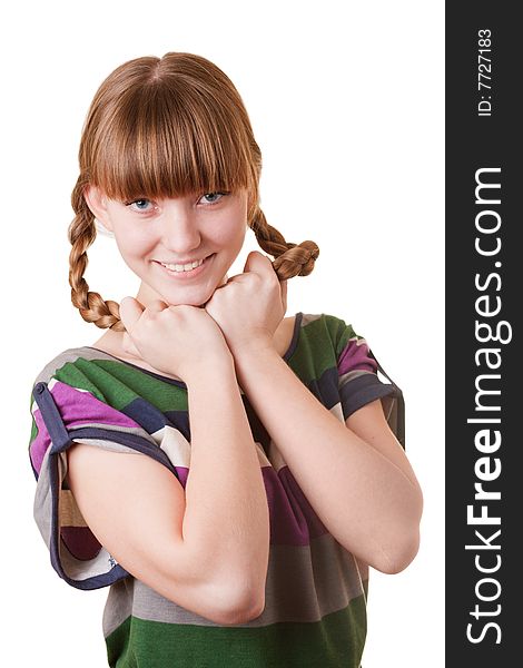 Young smiling girl holding plaits. Young smiling girl holding plaits