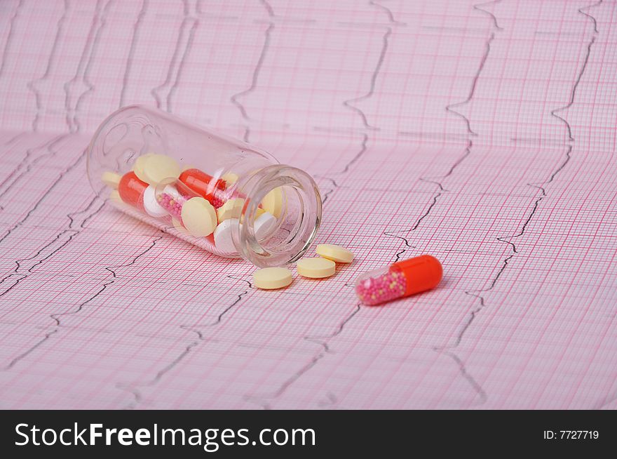 Pill and bottle on electrocardiogram