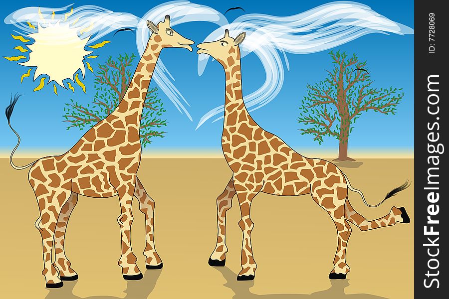 Loving giraffes on background beautiful sky, expressed in the manner of heart