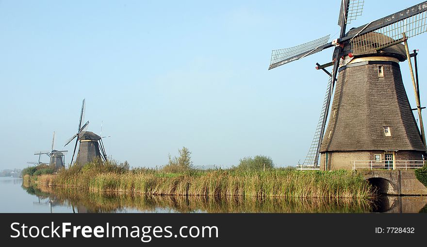 Panorama of windmills in Kinderdijk near Rotterdam (Holland)