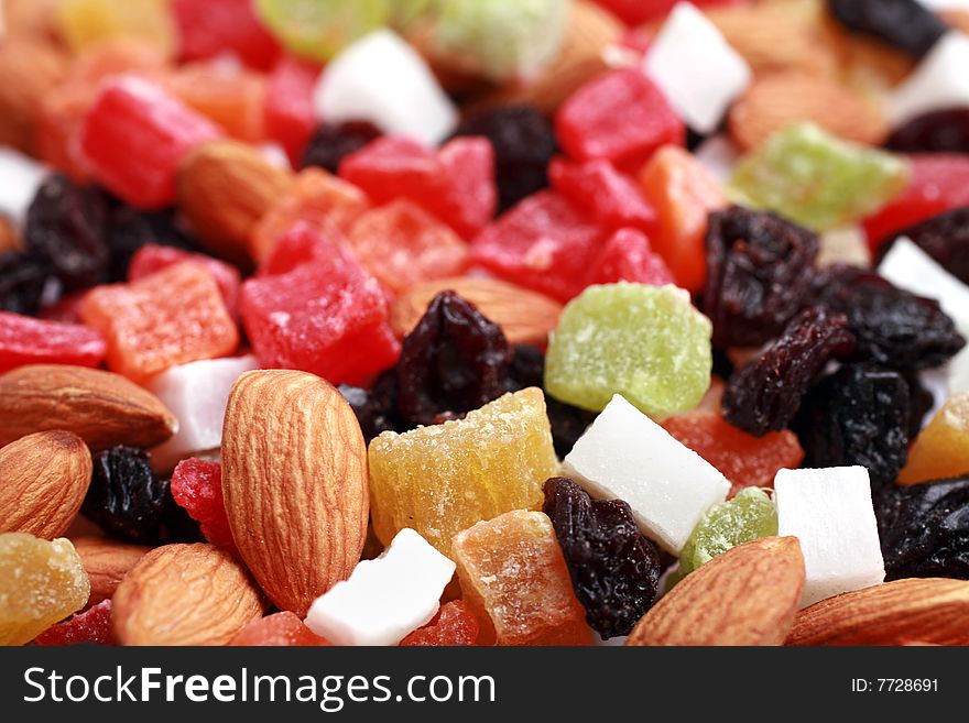 Dried fruits and nuts collection close up selective focus