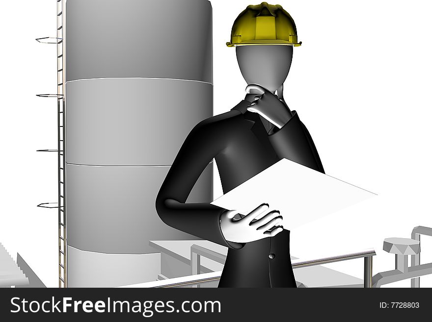 Engineer on industrial site 3d illustration isolated on white background. Engineer on industrial site 3d illustration isolated on white background