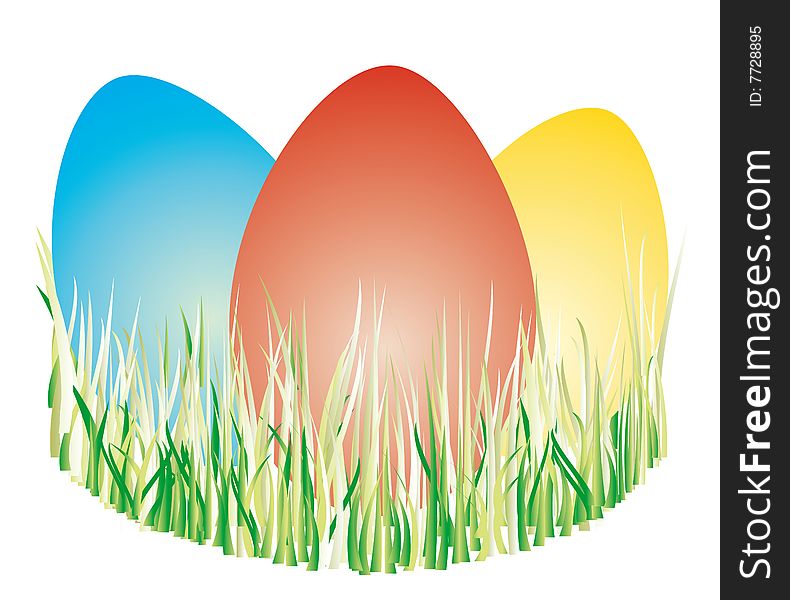 A vector illustration of colorful Eastern eggs placed in grass.