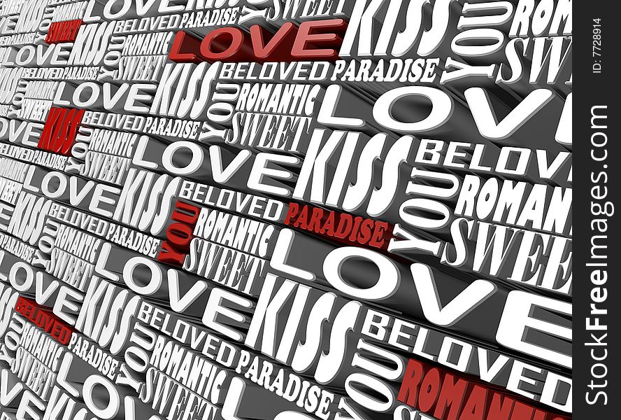 The words of love and romantic are in a 3d image