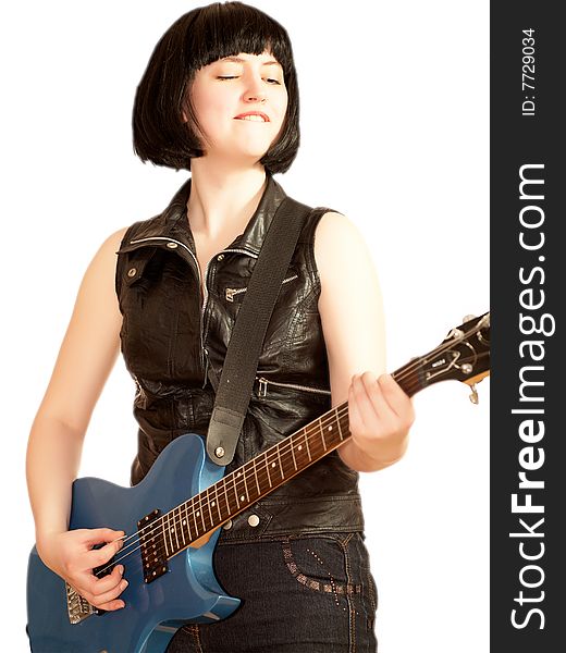 Young Woman Plays On A Electric Guitar