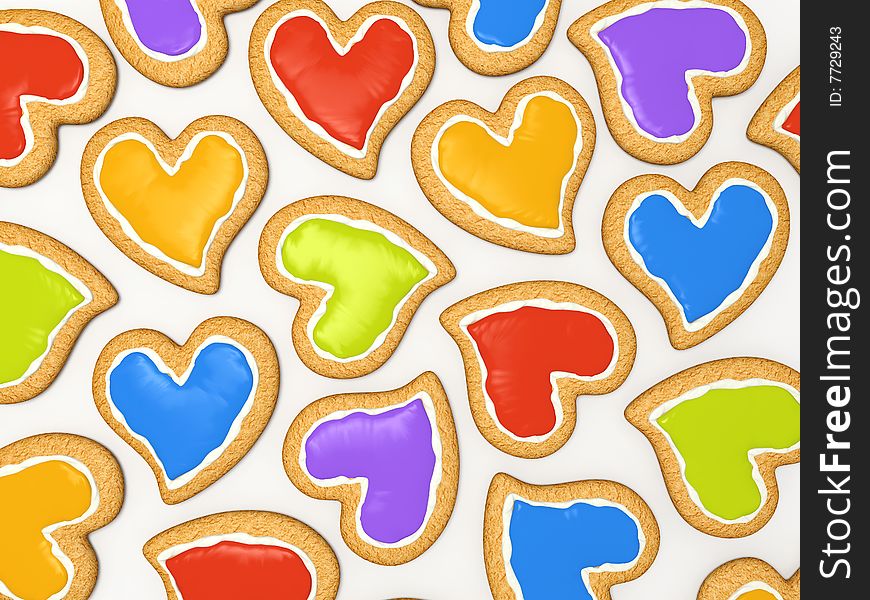 Multicoloured heart cookies for valentine isolated on white background 3D