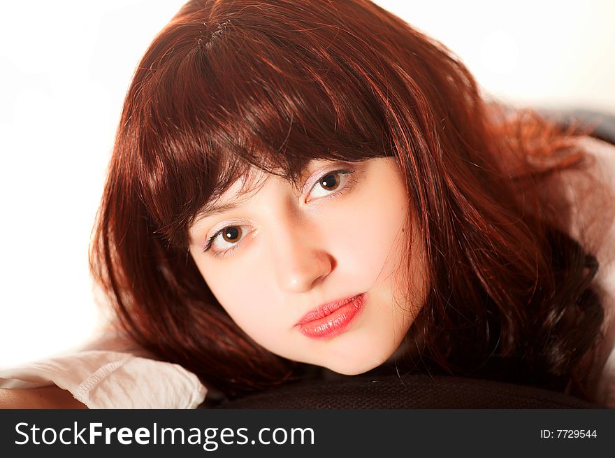 Close-up portrait of young beautiful woman, isolated