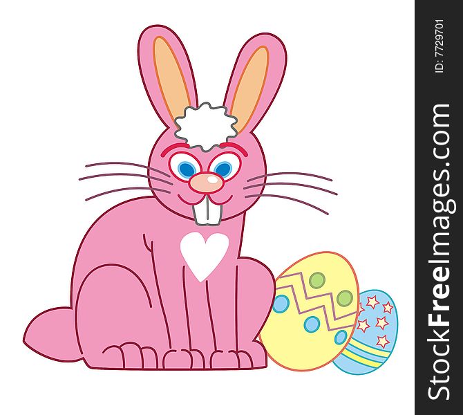 Easter Bunny sitting near easter eggs, simplified.