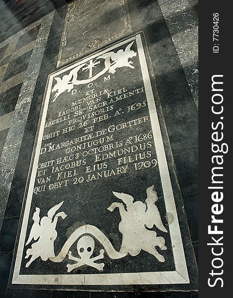 A 17th century grave in the floor of a church. A 17th century grave in the floor of a church