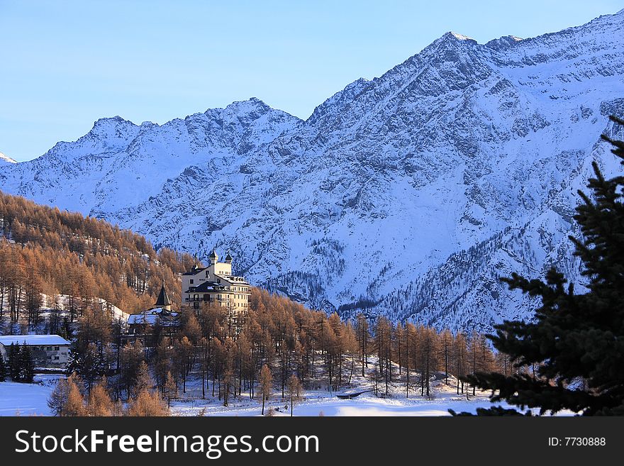 A house in the mountains. Alps. Morning. December.