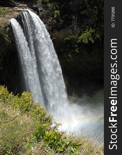 Hawaiian Waterfall With Rainbow