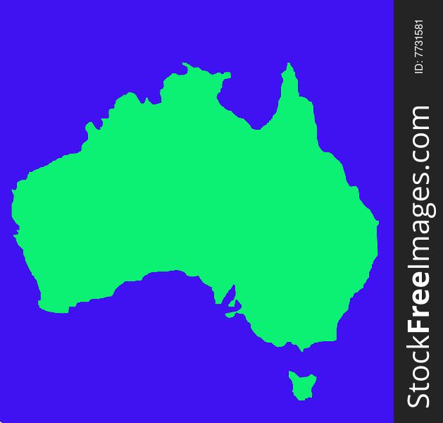 Outline map of Australia and Tasmania in green, isolated on blue background.