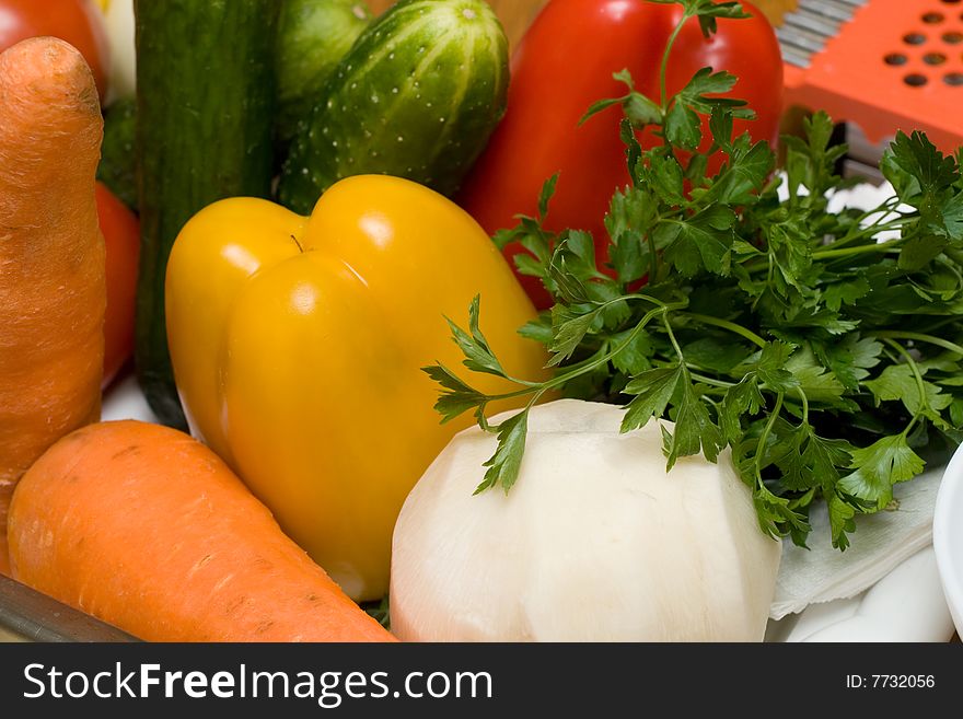 Different fresh tasty vegetables for salad preparation