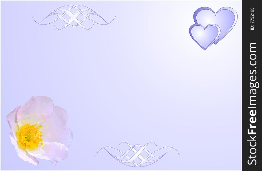 Two hearts and pink flower on a pale lilac background. Two hearts and pink flower on a pale lilac background.