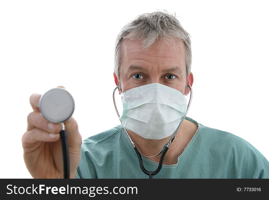 Male Surgeon with stethoscope closeup. Male Surgeon with stethoscope closeup