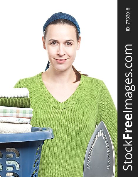 A woman in a domestic setting ready to tackle ironing on a white background