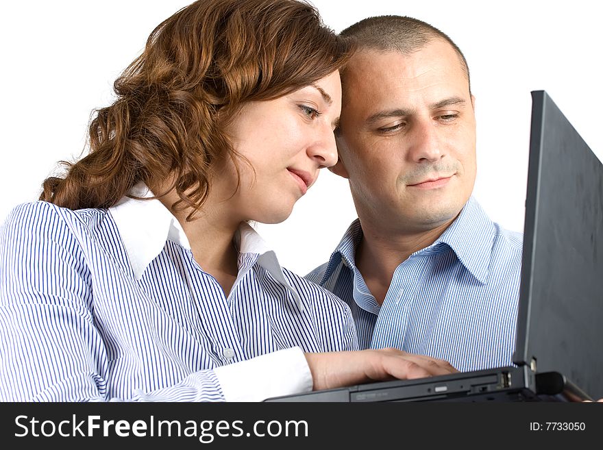 Business woman and man working together, isolated on white