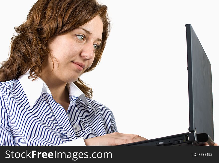 Business woman working on laptop, over white background