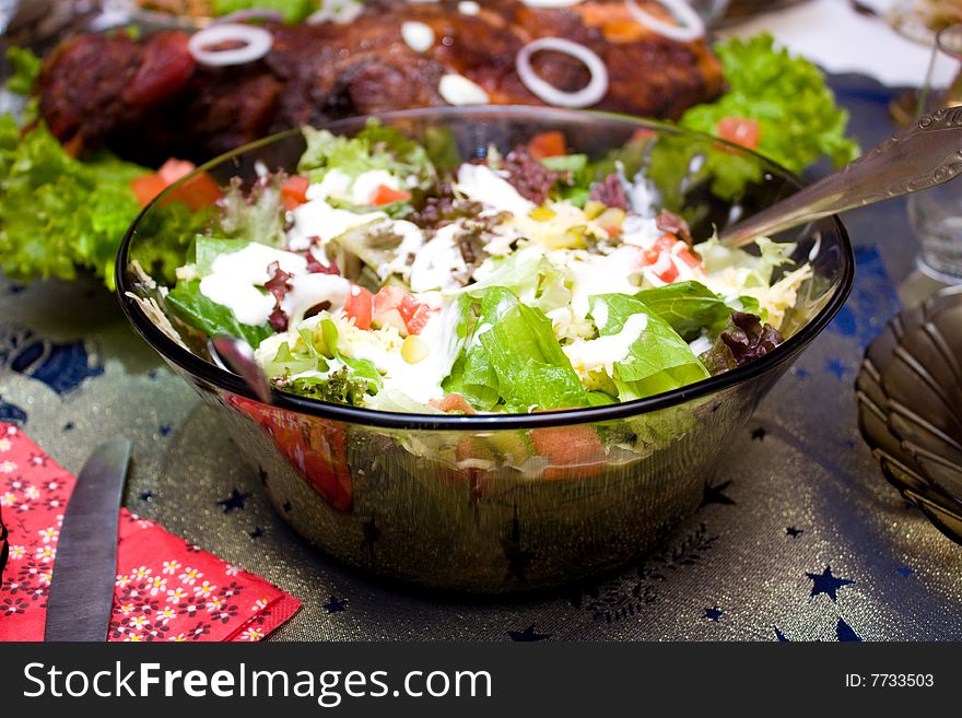 Salad with vegetable covered by mayonnaise