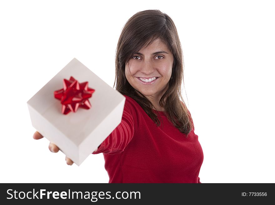Beautiful young woman with valentine present box isolated on white background