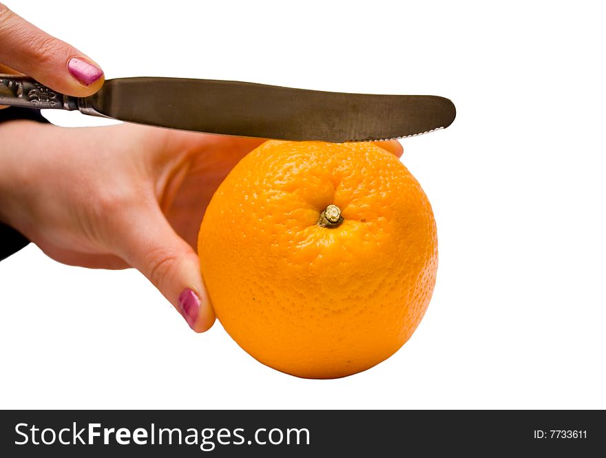 Orange and knife isolated on white