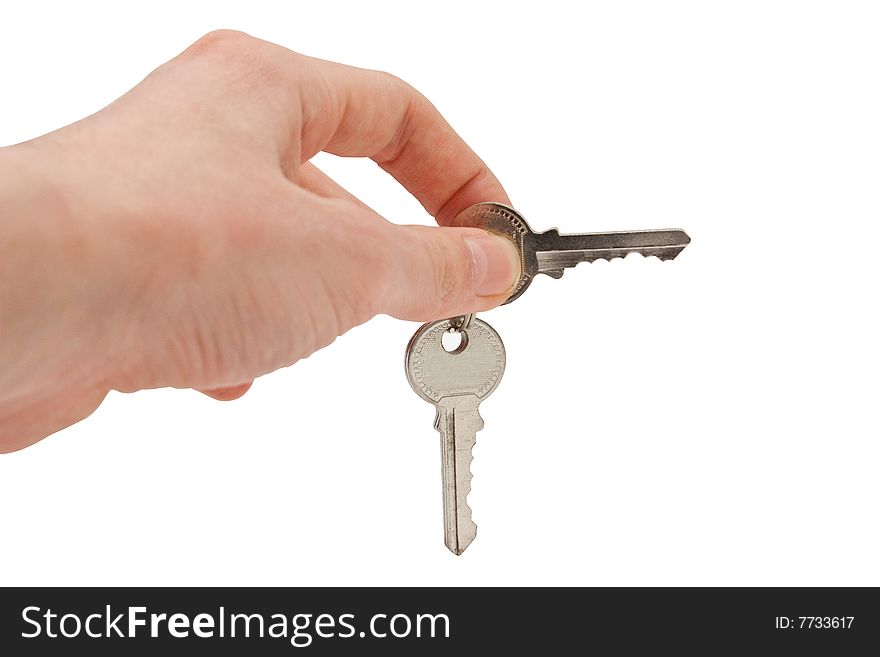 Hand And Car Key Isolated On White Background