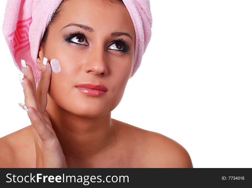 Portrait of woman in pink towel on her head. Portrait of woman in pink towel on her head