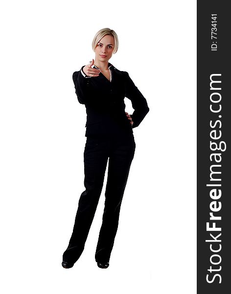 Beautiful blond woman in business pantsuit on white background. Beautiful blond woman in business pantsuit on white background
