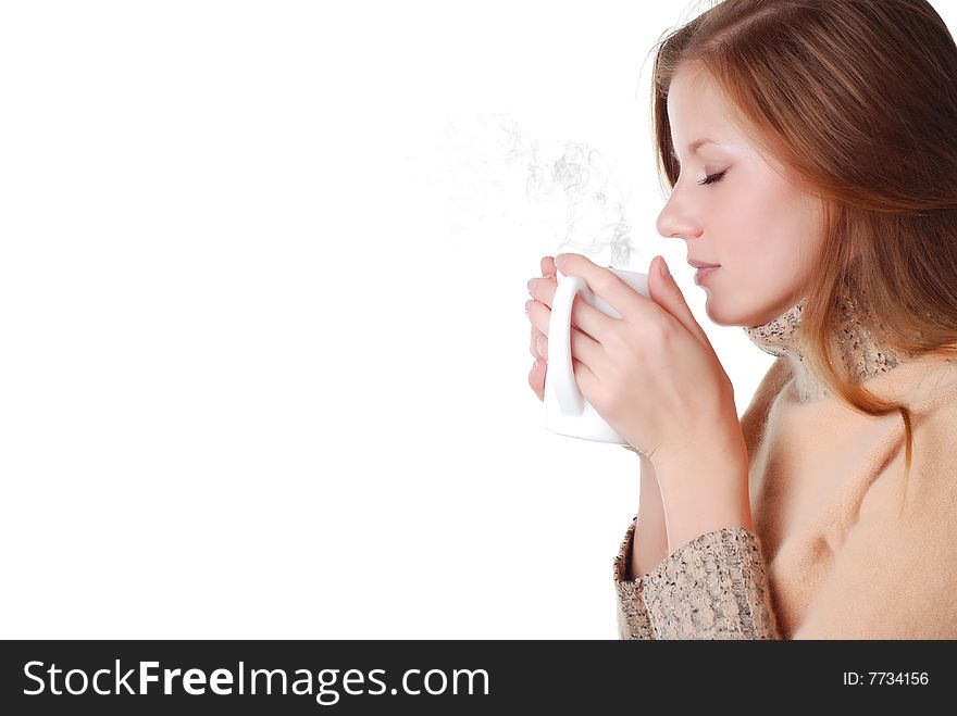 Beautiful woman in sweater with cup of coffee. Beautiful woman in sweater with cup of coffee