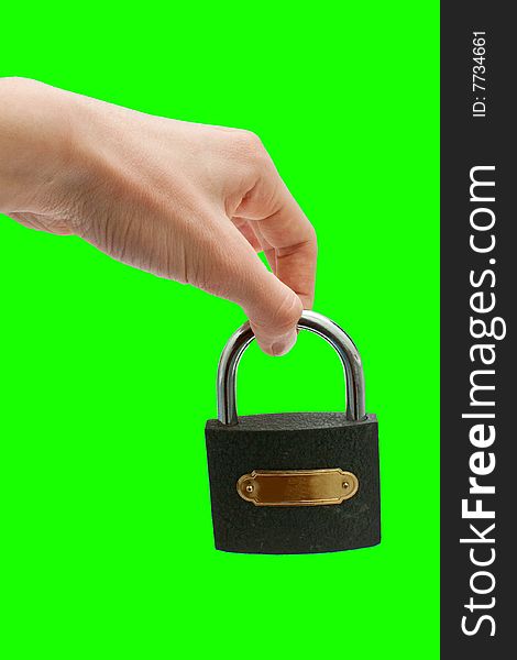 Hand with the lock on a green background. Hand with the lock on a green background