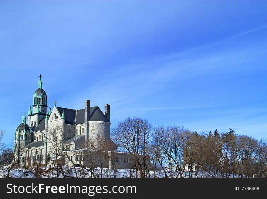 A Catholic church in winter