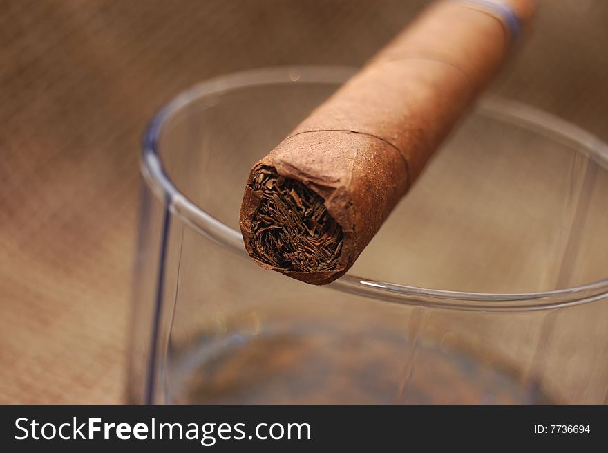 Cuban Cigar On Glass With Whiskey