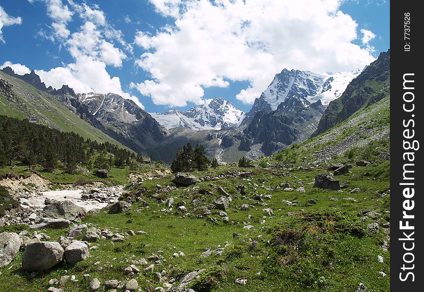 The valley of a mountain river, forest, grass, blue sky and clouds