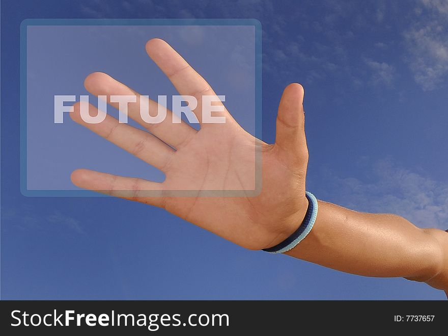 Open hand isolated against the blue sky