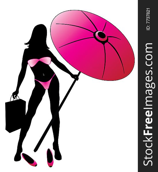 female in bikini with umbrella and bag. female in bikini with umbrella and bag