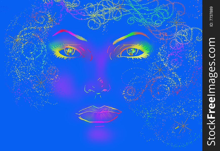 Multi colored face on blue background