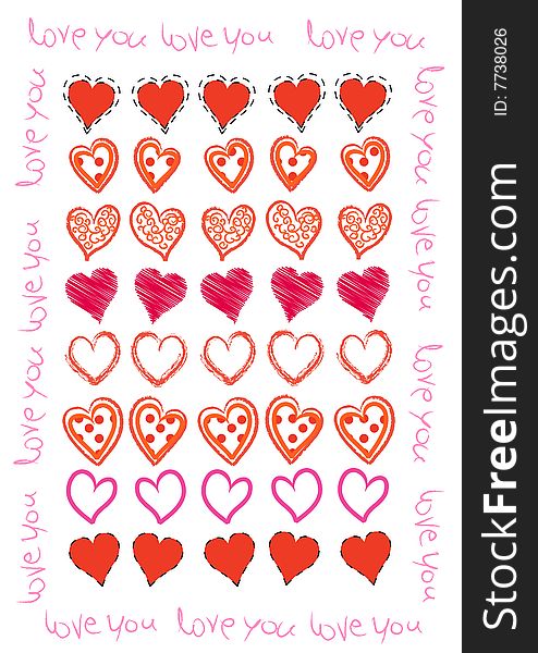 Love background with hearts on white