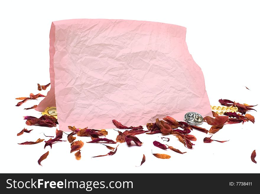 Grunge paper and dry floral petal isolated on white