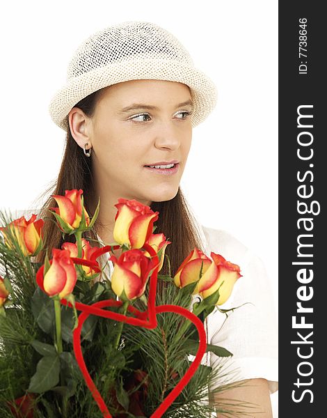 Woman keeps flowers and smiles